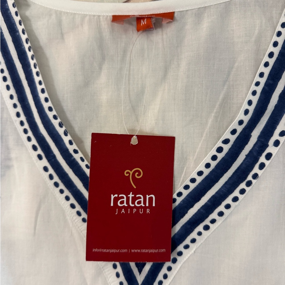 RATAN JAIPUR White And Blue Floral Vneck Casual Summer Cotton Blouse Size Medium - Picture 3 of 6